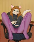 4_toes absurd_res anthro biped black_clothing blush bottomwear breasts canid canine canis chair claws clitoral_hood clitoris clothed clothing dawnlux digital_media_(artwork) domestic_dog electronics feet female fingers flashing fur furniture genitals green_eyes hair hand_on_belly hi_res holding_object holding_phone legs_up legwear looking_at_viewer mammal no_underwear office_chair orange_hair paws phone pink_nose plantigrade purple_clothing purple_legwear purple_tights sitting skirt small_breasts smile solo spread_legs spreading sweater tail tights toe_claws toes topwear translucent translucent_clothing turtleneck upskirt vulva white_body white_fur