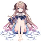  1girl animal_ears bare_shoulders barefoot blue_bow blue_dress blue_eyes blue_hair blush bow braid brown_hair collarbone curled_horns dress full_body gradient_hair hair_between_eyes hair_bow highres horns legs long_braid long_hair long_sleeves looped_braids multicolored_hair nanase_subaru nanase_subaru_(channel) off_shoulder official_art open_mouth pink_hair round_teeth see-through see-through_sleeves simple_background sitting smile solo tail tail_bow teeth thighs twin_braids very_long_hair virtual_youtuber white_background yellow_bow yuya_(night_lily) 