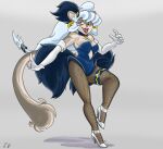 2024 5_fingers anthro armwear black_collar blue_clothing blue_eyeshadow blue_hair blue_leotard breasts button_(fastener) chest_tuft cleavage clothed clothing collar dancing elbow_gloves eyelashes eyeliner eyeshadow fangs female fingers fishnet_clothing fishnet_leggings fishnet_legwear fluffy fluffy_clothing fluffy_tail footwear fur gesture gizmo01 glistening glistening_clothing glistening_footwear glistening_high_heels glistening_shoes gloves gold_(metal) gold_ear_ring grey_background grey_body grey_fur hair hand_gesture handwear hi_res high_heels leg_strap leggings legwear leotard lightning_bolt lipstick looking_at_viewer makeup mammal medium_breasts multicolored_body multicolored_fur mustelid open_mouth open_smile pink_nose polecat_(mustelid) raised_finger raised_index_finger red_lipstick shoes simple_background smile smiling_at_viewer solo tail teeth thick_thighs three-quarter_view tuft two_tone_body two_tone_fur upper_teeth white_clothing white_footwear white_gloves white_handwear white_high_heels white_shoes wide_hips