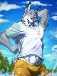 2026 3:4 5_fingers anthro athletic belly_tuft biped black_body black_ear_tips black_fur blue_eyes blue_sky canada_lynx cheek_tuft chest_tuft claws clothed clothing cloud countershade_arms countershade_face countershade_fur countershade_tail countershade_torso countershading cross cross_necklace detailed_background digital_media_(artwork) dipstick_ears ear_markings echo_(game) echo_(series) echo_project eyebrows facial_tuft fangs felid feline finger_claws fingers fluffy fluffy_tail front_view fully_clothed fur green_clothing green_shirt green_topwear grey_body grey_ears grey_fur grey_tail hand_behind_head head_tuft hi_res humanoid_hands inner_ear_fluff jewelry jumping looking_at_viewer lynx male mammal multicolored_body multicolored_clothing multicolored_ears multicolored_fur multicolored_shirt multicolored_swimwear multicolored_topwear navel neck_tuft necklace open_mouth open_smile outside partially_submerged pawpads pink_nose pink_pawpads pockets pointy_ears portrait prick_ears purtropos shirt short_tail signature sky smile solo splash swimming_trunks swimwear tail teeth three-quarter_portrait tj_hess tongue_showing topwear tuft two_tone_clothing two_tone_shirt two_tone_swimming_trunks two_tone_swimwear two_tone_tail two_tone_topwear water white_body white_claws white_clothing white_fur white_inner_ear white_inner_ear_fluff white_shirt white_tail white_topwear yellow_clothing yellow_swimming_trunks yellow_swimwear