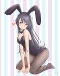  1girl animal_ears bare_arms bare_shoulders black_hair black_legwear black_leotard black_neckwear bow bowtie breasts bunny_ears bunnysuit cleavage commentary_request detached_collar hair_ornament hairclip heart highres kneeling large_breasts leotard long_hair looking_at_viewer pantyhose purple_eyes red_heart sakurajima_mai seishun_buta_yarou smile_(dcvu7884) smiley_face solo strapless strapless_leotard wrist_cuffs 