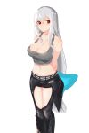  1girl arknights arms_behind_back bangs bare_shoulders black_pants blush breasts cleavage closed_mouth collarbone eyebrows_visible_through_hair feet_out_of_frame grey_tank_top hair_between_eyes highres inniyik large_breasts long_hair looking_at_viewer midriff navel pants red_eyes silver_hair simple_background skadi_(arknights) solo tank_top thigh_cutout very_long_hair white_background 