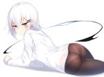  1girl :t arm_support ass blob blue_eyes blush commentary highres looking_at_viewer lying on_stomach original otokuyou panties panties_under_pantyhose pantyhose short_hair solo thighband_pantyhose underwear white_background white_panties 