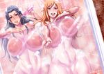  2girls areolae blue_eyes blush breasts brown_eyes come_hither curvy haikawa_hemlen huge_breasts large_areolae multiple_girls nami_(one_piece) naughty_face nico_robin nipples nude one_piece red_hair shared_shower showering soap_bubbles teeth thick_thighs thighs tongue tongue_out water 