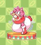 accessory amy_rose anthro big_diaper boots clothing cuff_(restraint) dancing diaper dress dummydoodles eulipotyphlan exposed_diaper female footwear fur fur_tuft gloves gold_cuffs green_eyes handwear headband hedgehog hi_res huge_diaper mammal maraca metal_cuffs musical_instrument open_mouth percussion_instrument pink_body pink_fur poof red_boots red_clothing red_dress red_footwear restraints sega shoes smile solo sonic_the_hedgehog_(series) tail tan_body tuft white_clothing white_gloves white_handwear wiggle_lines