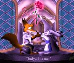  2019 absurd_res anthro balcony beauty_and_the_beast black_nose canid canine crossover digital_media_(artwork) disney duo female flower fox fur grey_body grey_fur hi_res judy_hopps lagomorph leporid love magic male mammal nick_wilde plant rabbit romantic rose_(flower) smile spell thebiggeewhizz zootopia 