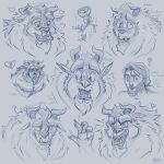 2022 5_fingers angry anthro artist_name atmac beard beast_(disney) beauty_and_the_beast cross-popping_vein disney english_text facial_hair fingers flower front_view goatee hair headshot_portrait heart_symbol hi_res horn human humanoid looking_aside looking_down looking_forward male mammal mane monotone_background monster nipples nude open_mouth plant ponytail portrait question_mark rose_(flower) signature simple_background smile sparkles surprised teeth text unfinished white_background