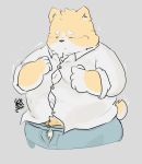  2019 anthro belly black_nose blush bodily_fluids bottomwear canid canine canis clothing crying domestic_dog eyes_closed humanoid_hands male mammal overweight overweight_male pants shirt simple_background solo tears topwear underwear white_clothing white_underwear 熊团沫沫 