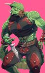 2023 abs anthro argonian armor belt bethesda_game_studios bodypaint bottomwear clothing face_paint facial_scar green_body green_scales gunka hi_res holding_knife holding_object horn knife leather leather_armor male microsoft muscular muscular_male pants pecs scales scalie scar simple_background skyrim solo tail the_dark_brotherhood_(the_elder_scrolls) the_elder_scrolls thick_tail triceps unconvincing_armor uniformed_male veezara yellow_eyes