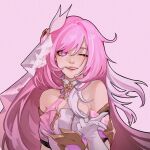  1girl ;d bad_id bad_pixiv_id bare_shoulders breasts elysia_(herrscher_of_human:_ego)_(honkai_impact) elysia_(honkai_impact) forced_to_smoke_(user_xppy3578) gloves hair_ornament hairclip highres honkai_(series) honkai_impact_3rd large_breasts long_hair one_eye_closed open_mouth pink_background pink_eyes pink_hair pink_pupils simple_background smile solo upper_body very_long_hair white_gloves 