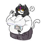 2023 alternative_fashion anthro arabic_text belly big_breasts biped black_bottomwear black_clothing black_hair black_jeans black_pants bottomwear breasts catti_cattenheimer cellphone cleavage clothed clothing collar deltarune denim denim_bottomwear denim_clothing digital_drawing_(artwork) digital_media_(artwork) domestic_cat dorkass electronics eyelashes felid feline felis female goth hair highlights_(coloring) holding_cellphone holding_object holding_phone holding_smartphone jeans looking_aside makeup mammal mascara medium_hair overweight overweight_anthro overweight_female pants phone pink_highlights portrait question_mark shirt smartphone solo spiked_collar spikes standing t-shirt tail text text_on_clothing text_on_shirt text_on_topwear thick_thighs three-quarter_portrait three-quarter_view topwear torn_bottomwear torn_clothing torn_jeans torn_pants undertale_(series) yellow_sclera