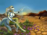  2018 amber_wind anthro blue_eyes breasts canid canine clothing desert detailed_background digital_media_(artwork) fantasy female flower fox fur hi_res jewelry legwear magic mammal multi_tail nei nipples plant solo white_body white_fur 