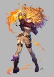  1girl asymmetrical_pants bandana blonde_hair boots breasts cleavage design ein_lee fire flame_print full_body fur_trim garter_straps gauntlets grey_background highres jacket large_breasts long_hair looking_at_viewer official_art open_clothes open_jacket portrait purple_bandana purple_eyes rwby simple_background smile solo teeth wavy_hair yang_xiao_long zipper zipper_pull_tab 