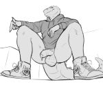  5_fingers anthro balls black_and_white bodily_fluids clothed clothing crouching cum fingers genital_fluids humanoid_penis kyrosh low-angle_view male monochrome penis reptile scalie smile sneakers solo teeth 
