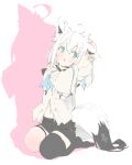  1girl adjusting_hair ahoge animal_ear_piercing animal_ears aqua_eyes black_thighhighs blue_neckerchief braid closed_mouth commentary_request detached_sleeves dot_mouth drop_shadow fox_ears fox_girl fox_tail full_body hair_between_eyes hand_on_own_ear highres hololive hood hoodie long_hair looking_up marugayotsu midriff navel neckerchief no_shoes open_mouth pentagram seiza shirakami_fubuki shirakami_fubuki_(1st_costume) shorts simple_background sitting solo tail thigh_strap thighhighs virtual_youtuber white_hair 