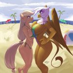  1:1 2019 absurd_res angry anthro anthrofied applejack_(mlp) asymmetrical_breast_frottage avian ball beach beach_ball big_breasts bikini blonde_hair breast_squish breasts breasts_frottage brown_body brown_eyes brown_fur clothing cloud crossed_arms digital_media_(artwork) duo earth_pony equid equine eye_contact feathers female freckles friendship_is_magic fur gilda_(mlp) green_eyes gryphon hair hands_on_hips hi_res horse kevinsano long_hair looking_at_another mammal my_little_pony nipple_outline pony ponytail purple_body purple_feathers seaside signature sling_bikini squish standing swimwear white_body white_feathers wings 