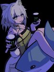  1girl absurdres animal_ears arknights bare_legs black_background bright_pupils can cat_ears cat_girl collarbone commentary detached_collar dress drink_can from_side green_dress green_eyes grey_hair highres holding holding_can ikea_shark incoming_drink kal'tsit_(arknights) looking_at_viewer material_growth miyq monster_energy name_connection oripathy_lesion_(arknights) short_hair simple_background sitting smile solo stuffed_animal stuffed_shark stuffed_toy white_pupils 