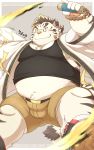  2019 anthro beartouma_0517 belly blue_eyes blush bottomwear bulge clothing cute_fangs eyewear felid fur glasses hi_res humanoid_hands licho_(tas) male mammal overweight overweight_male pantherine shirt shorts solo tiger tokyo_afterschool_summoners topwear video_games white_body white_fur 