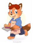  anthro apron barefoot biped canid canine cheek_tuft clothed clothing dipstick_ears dipstick_tail disney face_tuft fangs food fox fully_clothed fur gideon_grey holding_object kiminukii looking_at_viewer mammal multicolored_ears multicolored_tail open_mouth open_smile orange_body orange_fur pie red_fox simple_background smile solo tuft walking white_background zootopia 