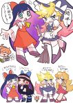  1boy 4girls absurdres apron armlet ascot black_dress black_hair blonde_hair blue_eyes bow bracelet braid brief_(psg) bright_pupils camera chest_sarashi colored_inner_hair commentary_request cosplay costume_switch detached_sleeves dress frilled_bow frilled_hair_tubes frills gothic_lolita gradient_hair hair_bow hair_tubes hakurei_reimu hakurei_reimu_(cosplay) hat headphones high_heels highres hime_cut holding holding_camera jewelry kirisame_marisa kirisame_marisa_(cosplay) kurarasima_gako lolita_fashion long_hair multicolored_hair multiple_girls panty_&amp;_stocking_with_garterbelt panty_&amp;_stocking_with_garterbelt_(style) panty_(psg) panty_(psg)_(cosplay) parody pink_hair purple_hair red_bow red_dress red_eyes red_shoes red_skirt sarashi shoes side_braid single_braid skirt socks stocking_(psg) stocking_(psg)_(cosplay) striped_clothes striped_thighhighs style_parody thick_lineart thighhighs touhou translation_request two-tone_hair very_long_hair vest waist_apron white_background white_pupils white_socks witch_hat yellow_ascot yellow_eyes 