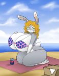  anthro basket beach big_breasts bikini breasts clothing cloud female hair hayakain huge_breasts lagomorph leporid mammal rabbit sea seaside sky solo swimwear water 