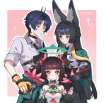  1boy 2girls ? ?? absurdres animal_ear_fluff animal_ears aqua_jacket artist_name asaba_harumasa bare_shoulders black_choker black_hair black_necktie black_skirt border bow by_nearreya choker closed_mouth collarbone colored_inner_hair commentary detached_sleeves english_commentary fox_ears fox_girl fur-trimmed_gloves fur_trim gauntlets gloves green_bow green_halo hair_bow halo hand_on_own_hip headband high-waist_skirt highres holding holding_phone hoshimi_miyabi jacket long_hair looking_at_another multicolored_hair multiple_girls multiple_hair_bows nangong_yu necktie parted_bangs parted_lips partially_fingerless_gloves pendant_choker phone pink_background red_eyes shirt short_hair short_twintails single_gauntlet skirt smile twintails white_border white_shirt yellow_eyes yellow_gloves yellow_headband zenless_zone_zero 