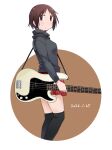  1girl 2026 bass_guitar birthday black_hoodie black_thighhighs breasts brown_background brown_eyes brown_hair casual circle closed_mouth commentary_request cropped_legs dated expressionless fender_precision_bass guitar_strap hasegawa_fumi hood hood_down hoodie instrument katatsuka_kouji long_sleeves looking_at_viewer miniskirt over-kneehighs plaid_clothes plaid_skirt pleated_skirt red_skirt skirt small_breasts solo standing thighhighs two-tone_background white_background yuyushiki 