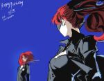  2girls black-framed_eyewear black_jacket black_ribbon blue_background breasts choker dual_persona english_text facing_another facing_away glasses hair_down hair_ribbon happy_birthday highres ink_(inkypyon) jacket long_hair mask multiple_girls official_alternate_hairstyle persona persona_5 persona_5_the_royal ponytail red_hair ribbon school_uniform shuujin_academy_school_uniform violet_(persona_5) yoshizawa_kasumi yoshizawa_sumire 