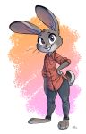  abstract_background absurd_res anthro barefoot biped bottomwear cheek_tuft claws clothed clothing dipstick_ears disney face_tuft fully_clothed fur gradient_background grey_body grey_fur grin hand_on_hip head_tuft hi_res inner_ear_fluff judy_hopps lagomorph leporid looking_at_viewer malimarthemage mammal multicolored_ears pants purple_eyes rabbit scut_tail shirt simple_background smile solo toe_claws topwear tuft white_background zootopia 