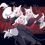  3girls :d absurdres animal_ears black_gloves black_pants black_vest breasts cerberus_(helltaker) commentary demon_girl demon_tail dog_ears dog_girl english_commentary fang gloves hands_up helltaker highres large_breasts long_hair looking_at_viewer multiple_girls open_mouth pants red_eyes red_shirt s4_(s4see) shirt smile tail vest waistcoat white_hair wide-eyed 