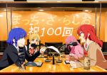  4girls ahoge arms_on_table blonde_hair blue_eyes blue_hair blush bocchi_the_rock! bottle bow bowtie brown_sailor_collar brown_shirt desk_microphone detached_ahoge gotoh_hitori green_eyes hair_between_eyes hair_ornament highres ijichi_nijika jacket kerorira kessoku_band kita_ikuyo long_hair long_sleeves looking_at_another microphone multiple_girls official_art one_side_up open_mouth paper pink_hair pink_jacket pink_track_suit polka_dot polka_dot_bow polka_dot_bowtie radio_booth recording_studio red_bow red_bowtie red_eyes red_hair sailor_collar school_uniform shimokitazawa_high_school_uniform shirt short_hair shuka_high_school_uniform side_ponytail sitting smile studio studio_microphone table tablet_pc track_jacket track_suit white_shirt yamada_ryo yellow_eyes 