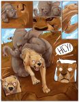 2013 4_toes black_nose cheetah colonel-strawberry comic day detailed_background digital_media_(artwork) felid feline feral fur lion mammal open_mouth outside pantherine pawpads sky tan_body tan_fur teeth toes tongue whiskers 