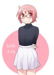  1girl ahoge arms_behind_back bespectacled birthday black_shirt blush casual circle closed_mouth commentary_request dated glasses hand_on_own_arm happy katatsuka_kouji long_sleeves looking_at_viewer nonohara_yuzuko pink_background pink_eyes pink_hair pleated_skirt red-framed_eyewear shirt shirt_tucked_in short_hair skirt smile solo standing turtleneck turtleneck_shirt two-tone_background white_background white_skirt yuyushiki 