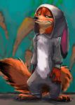  aloismorgan anthro barefoot biped canid canine clothing costume dipstick_tail disney fluffy fluffy_tail fox frown fur green_eyes half-closed_eyes looking_at_viewer mammal multicolored_tail neck_tuft nick_wilde orange_body orange_fur red_fox solo tan_body tan_fur tuft zootopia 