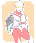  1boy alien bouquet color_timer colored_skin commentary_request cowboy_shot flower highres holding holding_bouquet kiri_morinu male_focus multicolored_skin no_pupils orange_background red_skin solo tokusatsu ultra_series ultraman:_towards_the_future ultraman_great white_skin yellow_eyes 