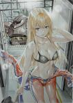  1girl absurdres black_bra black_panties blonde_hair bodysuit bodysuit_pull bra breasts cleavage collarbone commentary_request covered_nipples gogg green_eyes gundam gundam_08th_ms_team hand_in_own_hair hand_up highres indoors katsu_(24791909) lips long_hair marker_(medium) mecha medium_breasts mobile_suit_gundam navel one-eyed open_door panties parted_lips red_bodysuit red_eyes robot science_fiction solo standing traditional_media underwear 