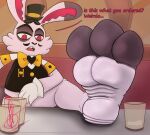 anthro barefoot bartender bartender_rabbit_(hazbin_hotel) bedroom_eyes belly casino clothing container cup daddy_kink feet folds foot_fetish foot_focus hazbin_hotel heel hellaverse hi_res hindpaw instep lagomorph leporid male mammal mature_anthro mature_male narrowed_eyes newtrabbit paws rabbit seductive solo suit toes uncaring wrinkles
