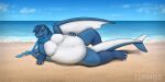  anthro artist_name beach digital_drawing_(artwork) digital_media_(artwork) dragon hair hi_res lian_(whitedragoncito) looking_at_viewer lunhiss lying male mythological_creature mythological_scalie mythology obese obese_anthro obese_male on_side overweight overweight_anthro overweight_male paw_on_belly scalie scarf shaded solo tail text widescreen wings 