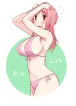  1girl 2024 :d aikawa_chiho arms_up bikini birthday blush breasts brown_eyes circle commentary_request cowboy_shot cropped_legs dated flying_sweatdrops front-tie_bikini_top front-tie_top green_background groin happy katatsuka_kouji large_breasts long_hair looking_at_viewer navel open_mouth pink_bikini pink_hair polka_dot polka_dot_bikini side-tie_bikini_bottom sideboob smile solo stomach swimsuit tucking_hair two-tone_background wet white_background yuyushiki 
