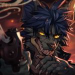  5_fingers black_nose blood blue_hair bodily_fluids canid canine eyebrows fingers fur gun hair handgun humanoid_hands inner_ear_fluff maaty-s mammal ranged_weapon simple_background slit_pupils teeth tuft weapon yellow_eyes 