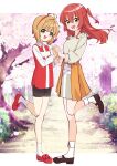  2girls absurdres antenna_hair ao_(flowerclasse) black_shorts bocchi_the_rock! brown_hair brown_shoes cardcaptor_sakura cherry_blossoms commentary_request commission crossover fashion green_eyes grey_shirt hanami happy headband highres holding holding_hands kinomoto_sakura kita_ikuyo leg_up long_hair long_sleeves looking_at_viewer magical_girl multiple_girls open_mouth orange_skirt outside_border pixiv_commission red_hair red_headband red_shoes shirt shoes short_hair shorts skirt smile socks spring_(season) standing standing_on_one_leg white_shirt white_socks yellow_eyes 