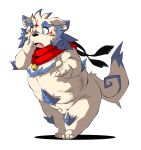  2018 agyou anthro asian_mythology balls belly blush chibineco east_asian_mythology flaccid foo_dog fur hi_res humanoid_hands japanese_mythology komainu male mammal mythology overweight overweight_male penis simple_background solo tokyo_afterschool_summoners video_games white_background white_body white_fur yōkai 