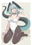  1girl :d absurdres alternate_costume aqua_nails arknights arm_up bare_shoulders black_pantyhose blue_eyes blush border breasts cleavage commentary_request covered_navel eggplant7217 fingernails full_body grey_background grey_hair groin hair_between_eyes hand_in_own_hair hand_on_own_ear head_wings highleg highleg_leotard highres ho'olheyak_(arknights) infection_monitor_(arknights) leotard looking_at_viewer medium_breasts medium_hair nail_polish no_shoes one-hour_drawing_challenge open_mouth pantyhose playboy_bunny sitting smile solo strapless strapless_leotard tail tail_raised wariza white_border white_leotard wings wrist_cuffs 