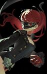  1girl black_background black_choker black_jacket black_leotard black_mask black_ribbon buttons choker closed_mouth floating_hair fqllvhwqmy16641 frilled_sleeves frills gloves hair_ribbon highres jacket leotard long_hair looking_at_viewer mask persona persona_5 persona_5_the_royal ponytail red_eyes red_gloves red_hair ribbon simple_background smile solo violet_(persona_5) yoshizawa_kasumi 