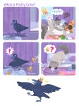 2025 ambiguous_gender angry avian bird blue_eyes comic contact_onomatopoeia corvid corvus_(genus) crow crow_(lkbc) crown curtains domestic_cat duo english_text felid feline felis feral headgear hi_res impact_onomatopoeia little_kitty_big_city mammal official_art onomatopoeia oscine passerine pawpads puddle purple_background question_mark shanhorandraws simple_background sound_effects splash splashing_water splish taffy_(lkbc) text throwing tossing white_background