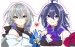  2girls bare_shoulders bronya_rand commentary_request earrings eyelashes grey_eyes grey_hair hair_between_eyes heart highres honkai:_star_rail honkai_(series) jewelry long_hair looking_at_viewer mmmmhyb multiple_girls purple_eyes purple_hair purple_scarf scarf seele_(honkai:_star_rail) simple_background sleeveless smile upper_body white_background 
