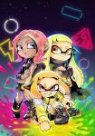  2girls 3girls agent_3_(splatoon) agent_4_(splatoon) agent_8_(splatoon) black_boots blonde_hair blunt_bangs boots clenched_hand closed_mouth commentary_request crossed_arms dark-skinned_female dark_skin fangs grey_shoes grin hand_on_own_arm highres inkling inkling_girl inkling_player_character kuromata lightning_bolt_symbol long_hair long_sleeves multiple_girls octoling octoling_girl octoling_player_character on_one_knee open_mouth orange_eyes orange_hair pink_hair red_eyes shoes short_hair smile splatoon_(series) splatter standing teeth tentacle_hair thick_eyebrows v-shaped_eyebrows 