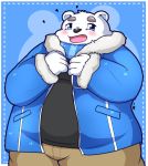  2019 anthro blue_eyes blush bottomwear clothing fur hi_res kusosensei male mammal overweight overweight_male pants polar_bear shirane_kan shirt simple_background solo sweater topwear ursid ursine utau white_body white_fur 