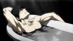  1boy anime_coloring arm_behind_head armpits bathtub black_background black_hair closed_mouth collarbone commentary english_commentary fake_screenshot fushiguro_touji highres in_bathtub jujutsu_kaisen looking_up male_focus nude partially_submerged pectorals scar scar_on_face scar_on_mouth scarf short_hair solo twitter_username usero 