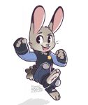  ambiguous_gender anthro cheek_tuft clothed clothing dipstick_ears disney face_tuft fully_clothed head_tuft judy_hopps kiminukii lagomorph leporid mammal midair multicolored_ears open_mouth open_smile police_uniform rabbit scut_tail simple_background smile solo teeth toeless_legwear tuft uniform white_background zootopia 